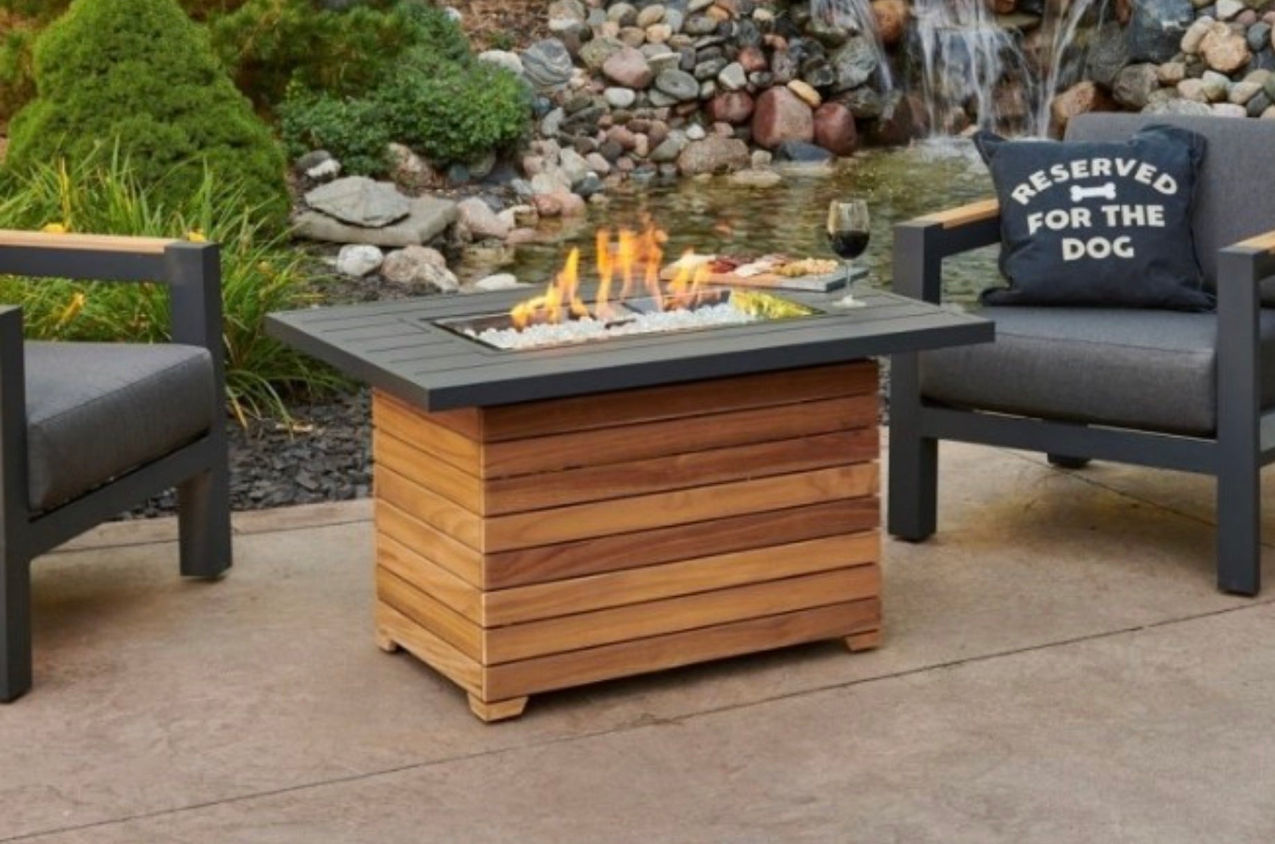 Darien Aluminum Rectangular Gas Fire Pit Table - lit on patio